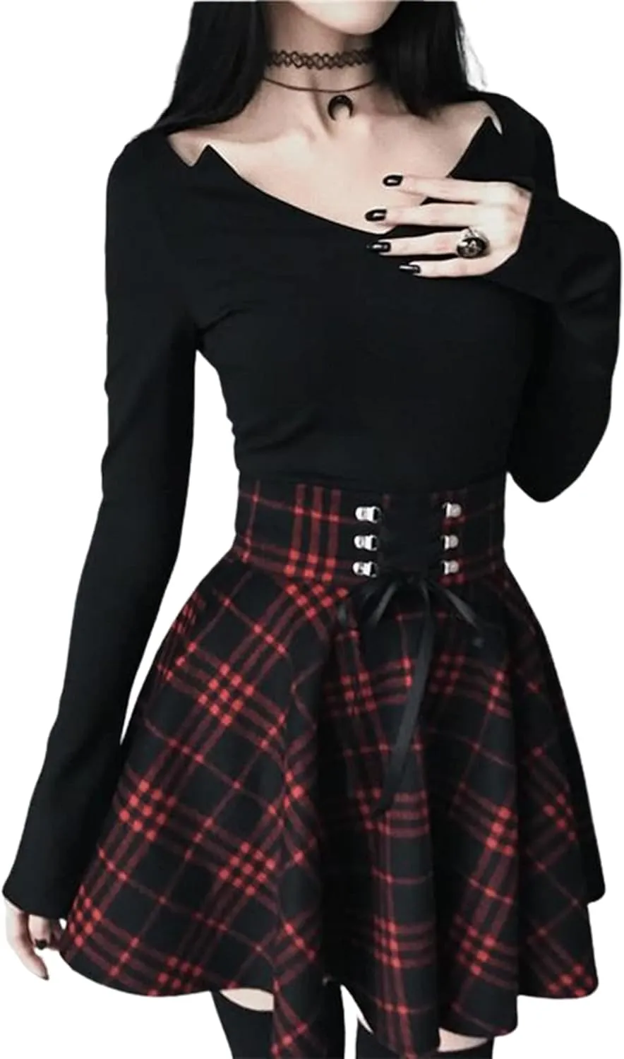 Women's High Waisted Short A-line Flare Gothic Mini Black Red Plaid Pleated Skirt Dress