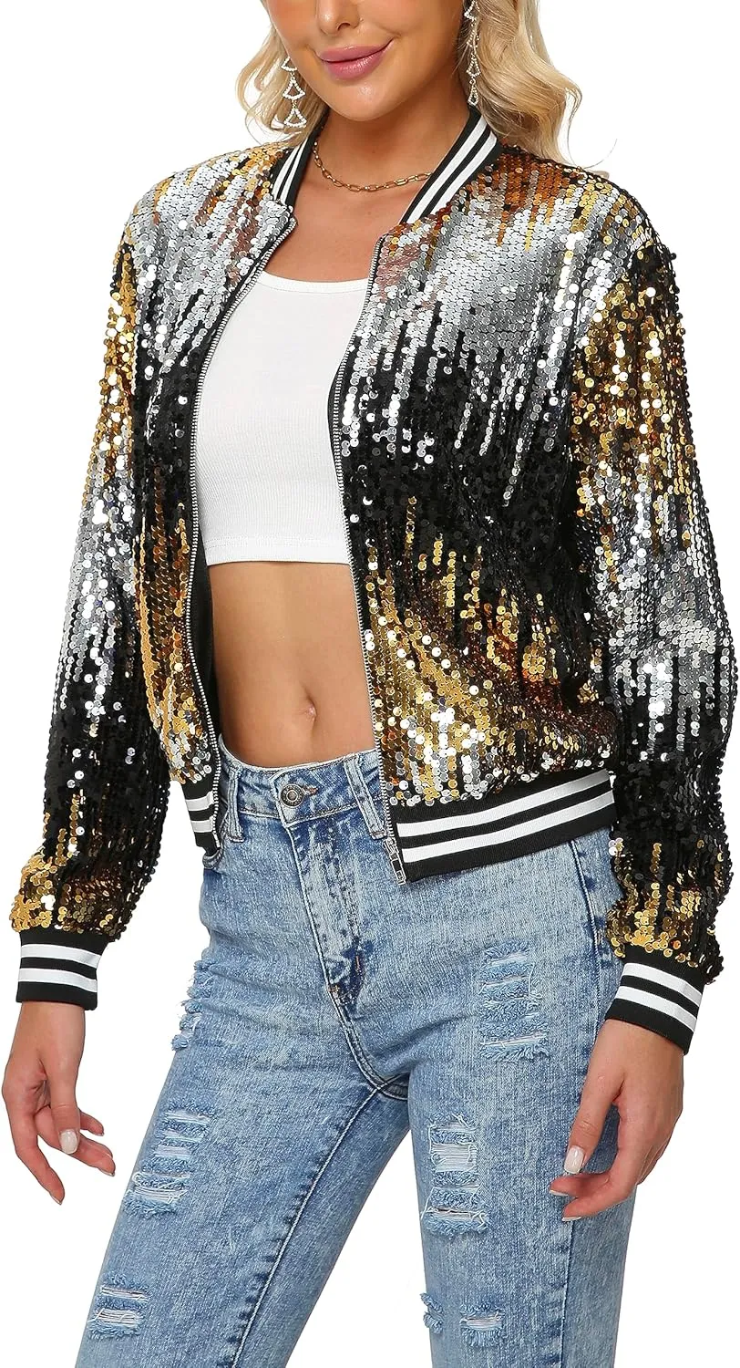Womens Long Sleeve Sequin Open Front Zipper Jacket with Ribbed Cuffs