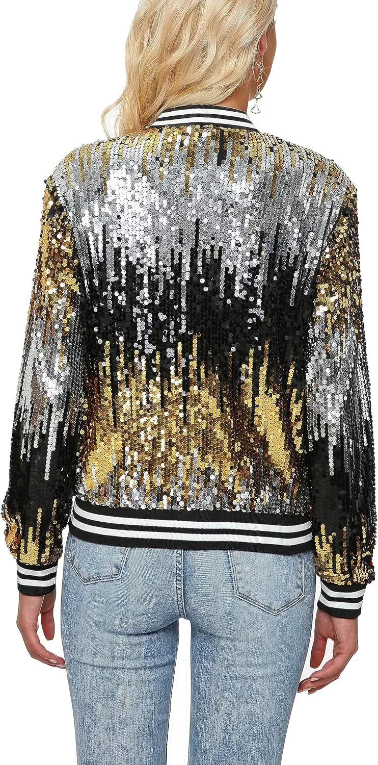Womens Long Sleeve Sequin Open Front Zipper Jacket with Ribbed Cuffs