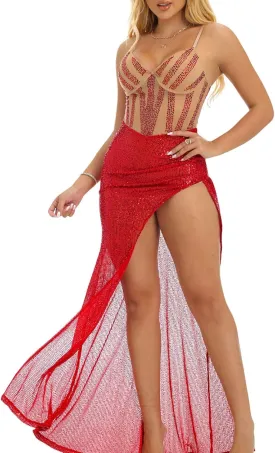 Women's Sparkly Sequin Prom Dresses Long Mermaid Evening Gown Red Spaghetti Straps Glitter Formal Ball Gown with Slit