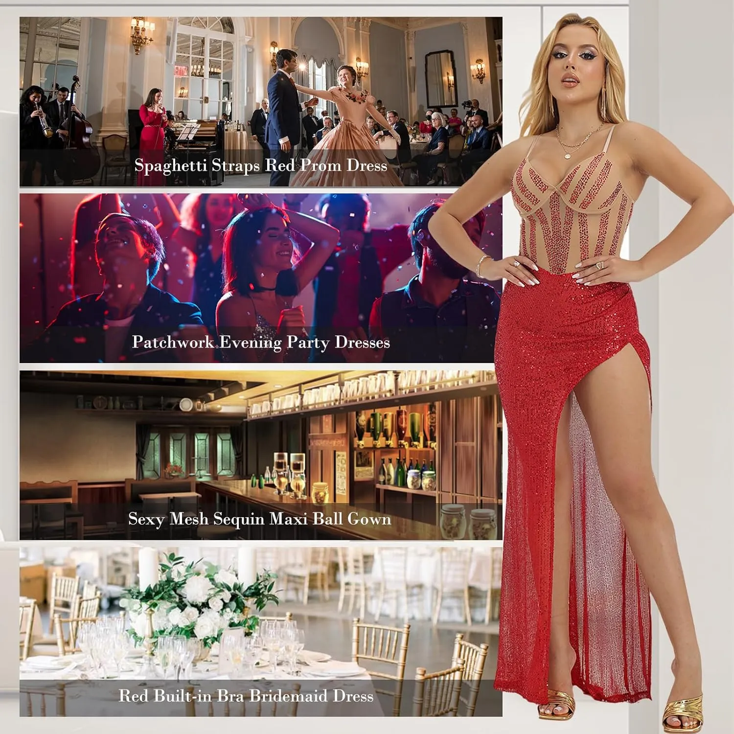 Women's Sparkly Sequin Prom Dresses Long Mermaid Evening Gown Red Spaghetti Straps Glitter Formal Ball Gown with Slit