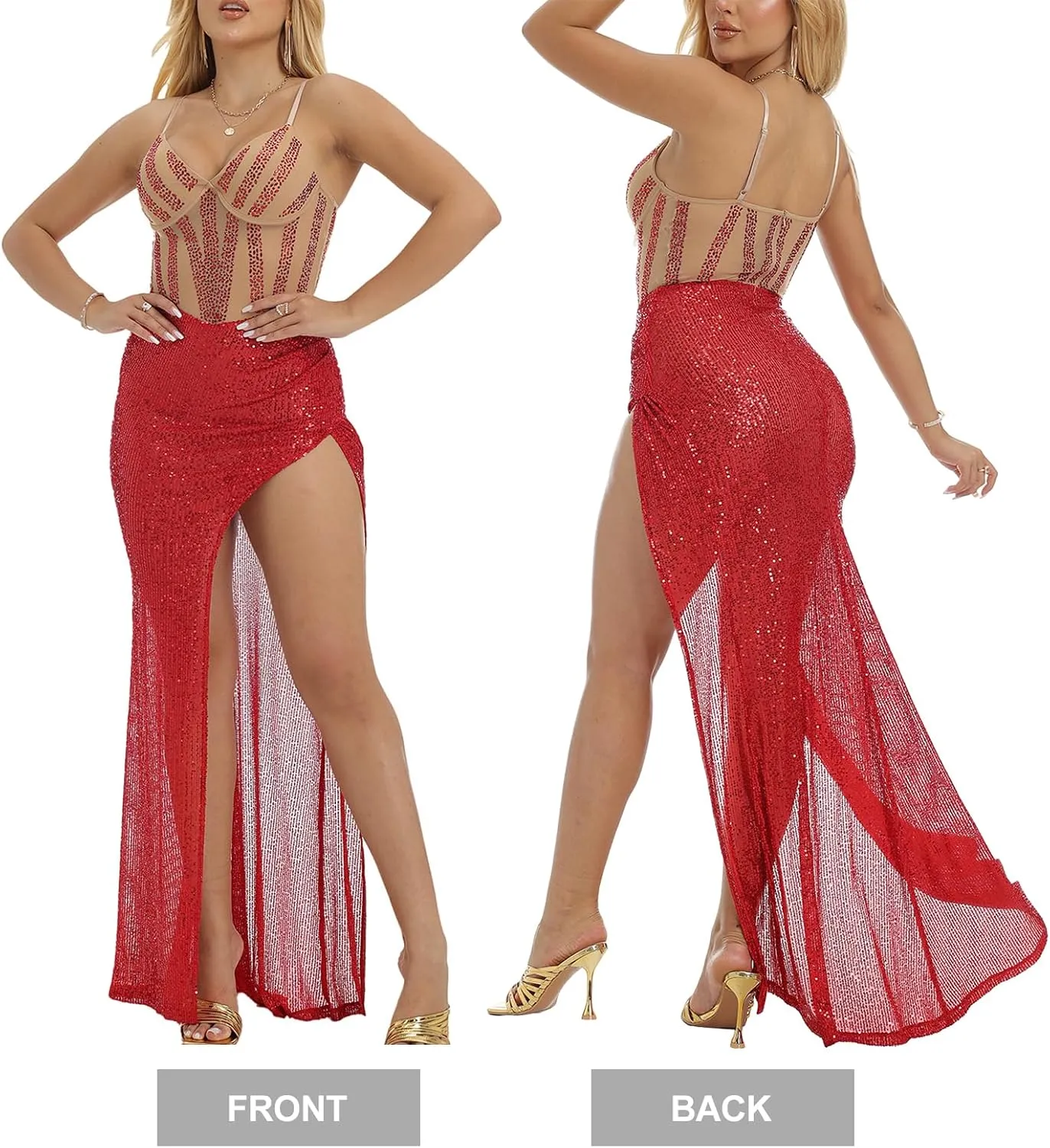 Women's Sparkly Sequin Prom Dresses Long Mermaid Evening Gown Red Spaghetti Straps Glitter Formal Ball Gown with Slit