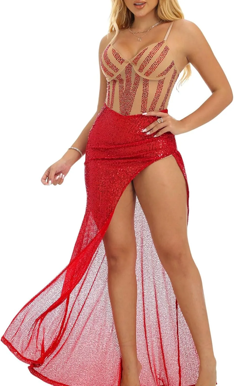 Women's Sparkly Sequin Prom Dresses Long Mermaid Evening Gown Red Spaghetti Straps Glitter Formal Ball Gown with Slit