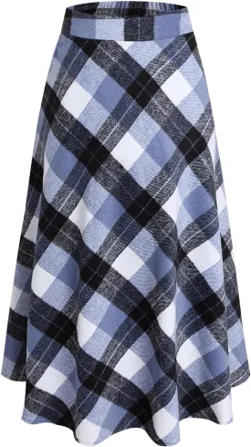 Women's Winter Plaid Maxi Skirt Elegant High Waist Warm Wool Long Pleated Skirt S-3XL