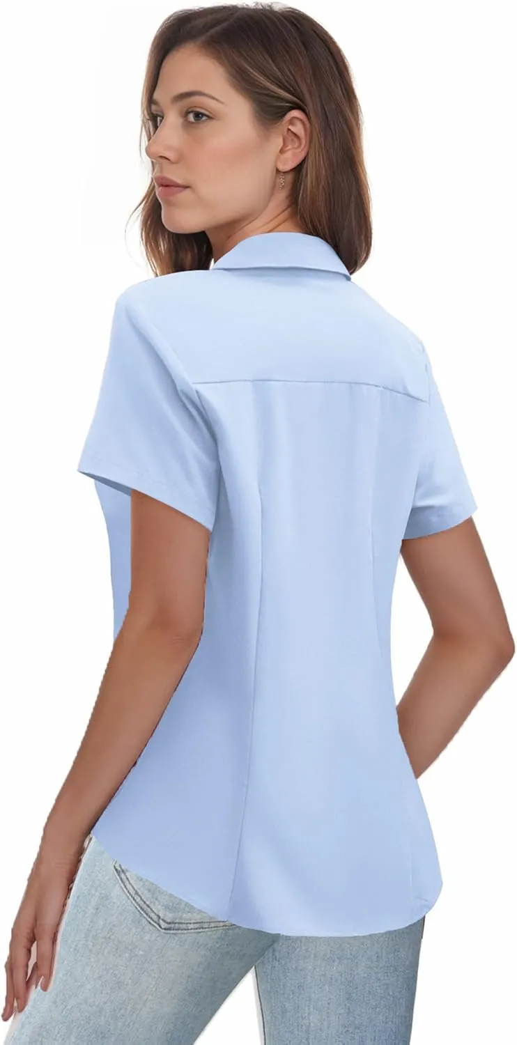 Zeagoo Women's Button Down Shirts Short Sleeve Dress Shirts Basic Business Collared Work Blouses Summer Tops